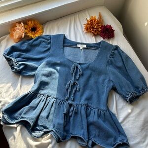 Entro Blue Peplum Top with Tie Details size L